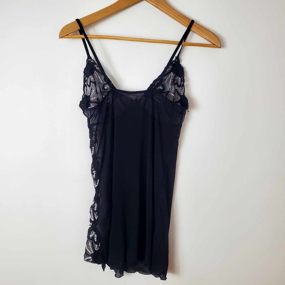 la Vie en Rose Mesh and Lace Plunge Nightie Black Pink White Lace Floral… - Picture 4 of 4